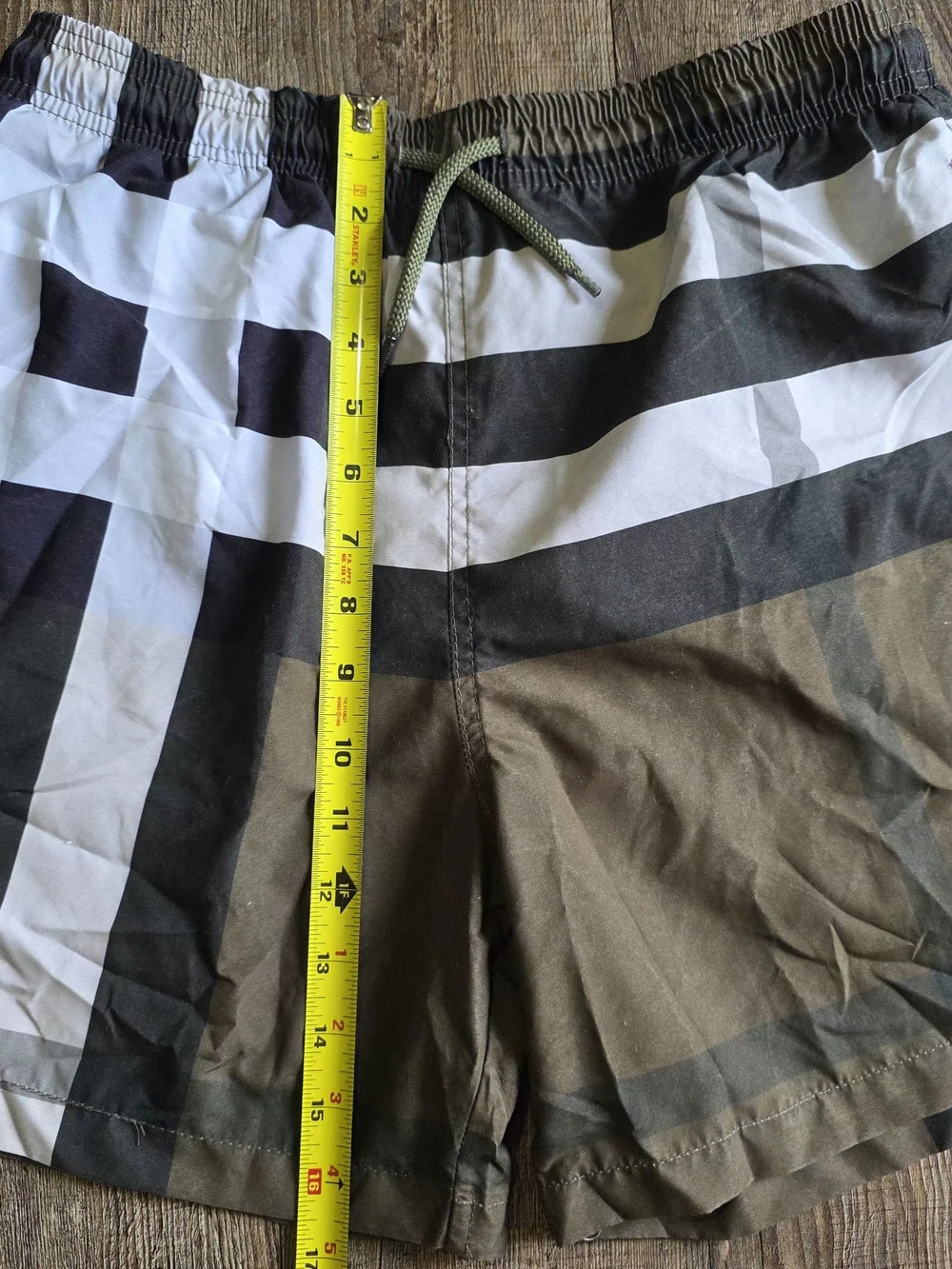 Burberry Olive and White Check Swim Trunks Large